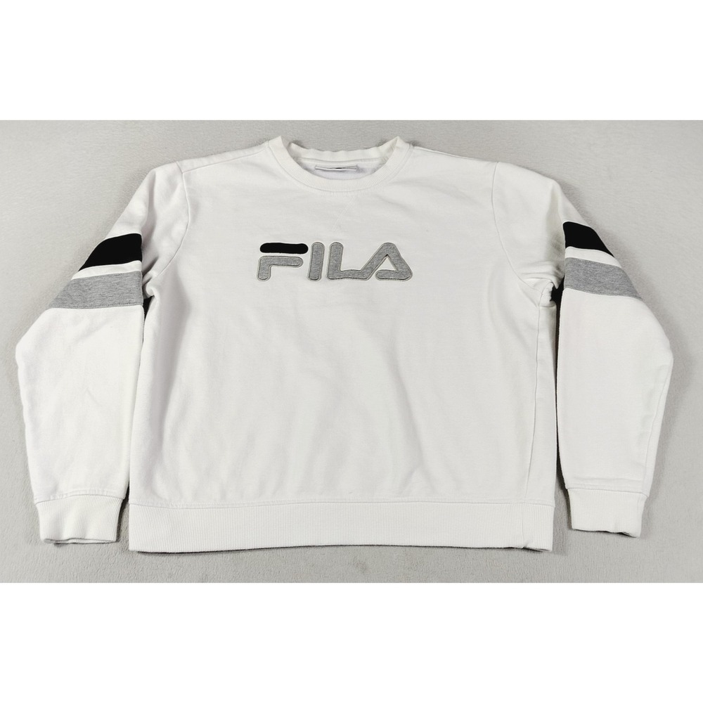 Fila Sweatshirt Mens Large White Crewneck Fleece Pullover Spellout Streetwear